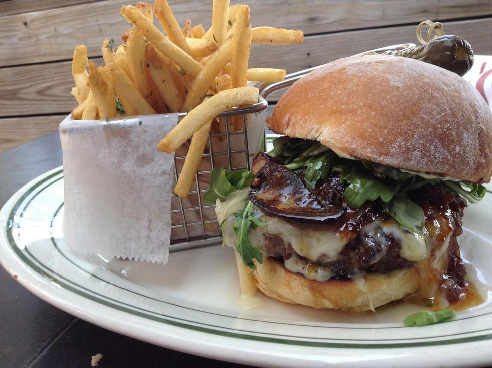 BRC American Gastropub Jr.'s Le Burger with raclette and foie gras hamburger french fries