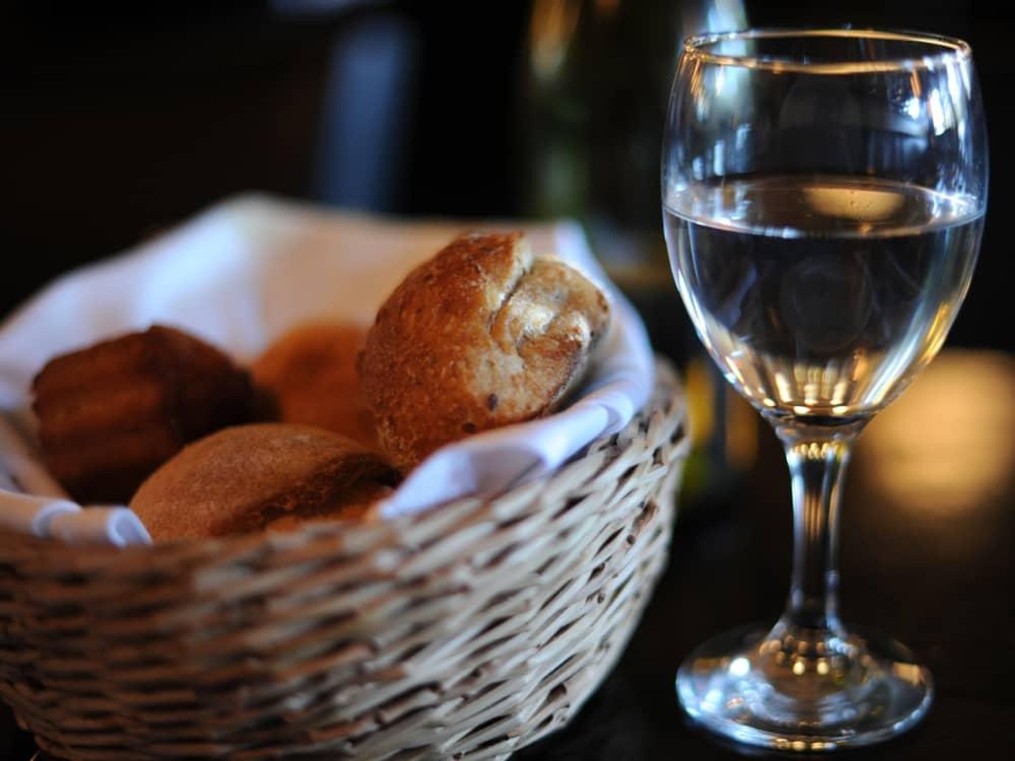 bread in basket and glass of water