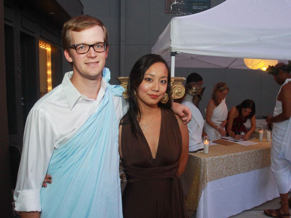Brett Heller and Ellen Chen at toga party at Craft Salon benefiting Bering Omega