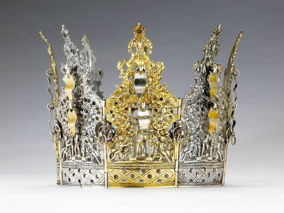 Bridal Crown (top), 1590\u20131610, silver and silver- gilt, Christen Sveaas Collection, Kode Bergen Art Museum, Bergen Silver Foundation.
