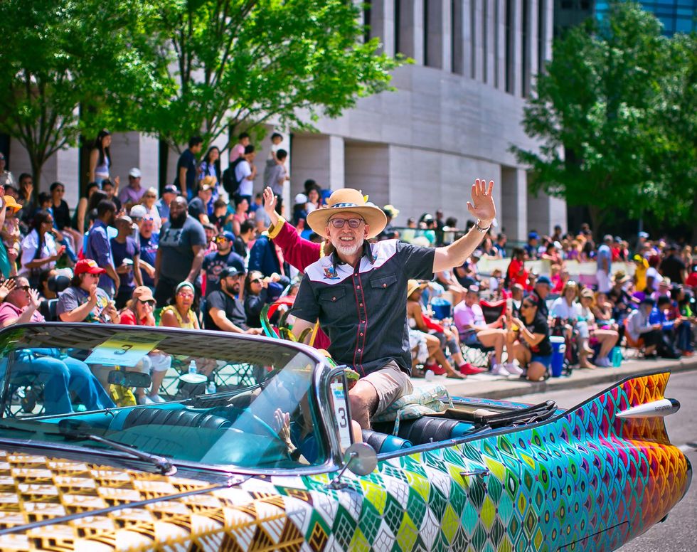 Brock Wagner in his Caddy art car parade entry in 2024