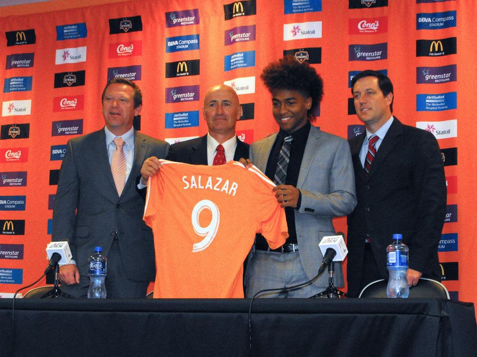 Bryan Salazar signs with Dynamo, February 2013, Dominic Kinnear, Bryan Salazar, James Clarkson