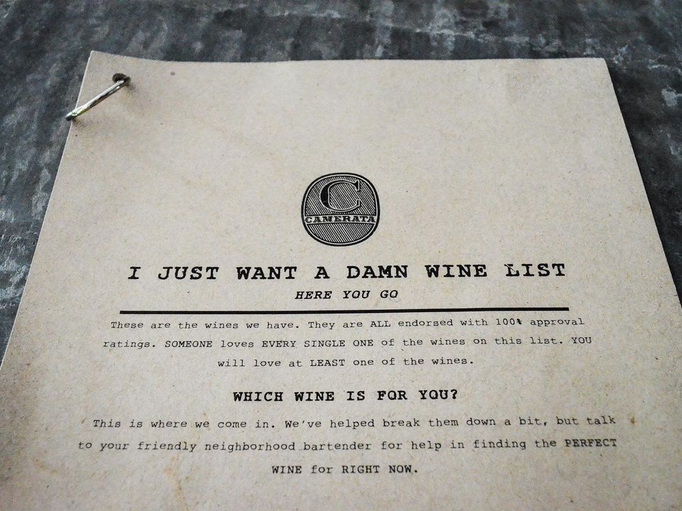 Camerata Houston wine bar July 2013 menu wine list