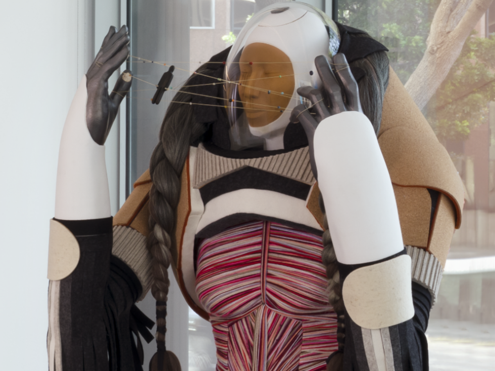 Cannupa Hanska Luger, g\u00f3oxaadi (Sovereign series), detail, installation view, Breath(e): Toward Climate and Social Justice, installation view. Hammer Museum, Los Angeles, Sep 14, 2024 \u2013 Jan 5, 2025.