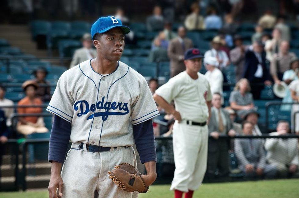 Chadwick Boseman as Jackie Robinson in the movie 42