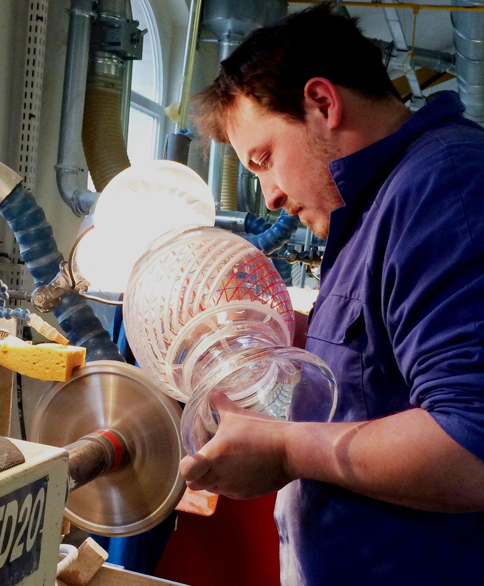 Cherri Carbonara Baccarat factory tour April 2015 Cutting fine crystal demands intense concentration and skill. Baccarat artisans spend several hours on one vase.