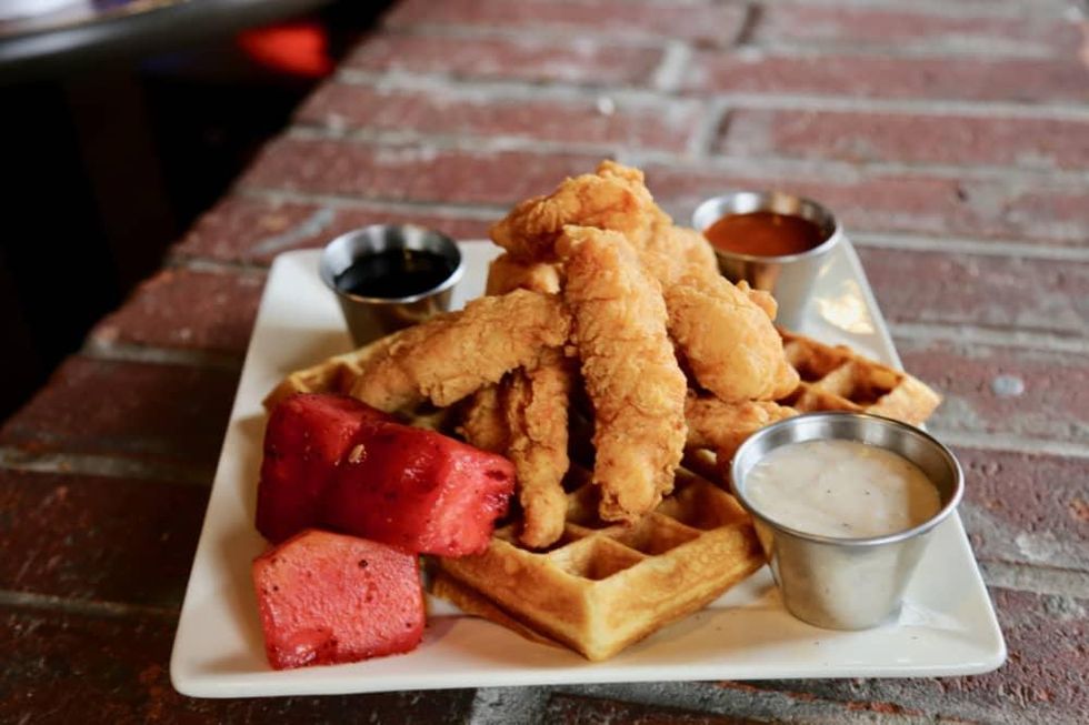 Chicken and waffles with watermelon