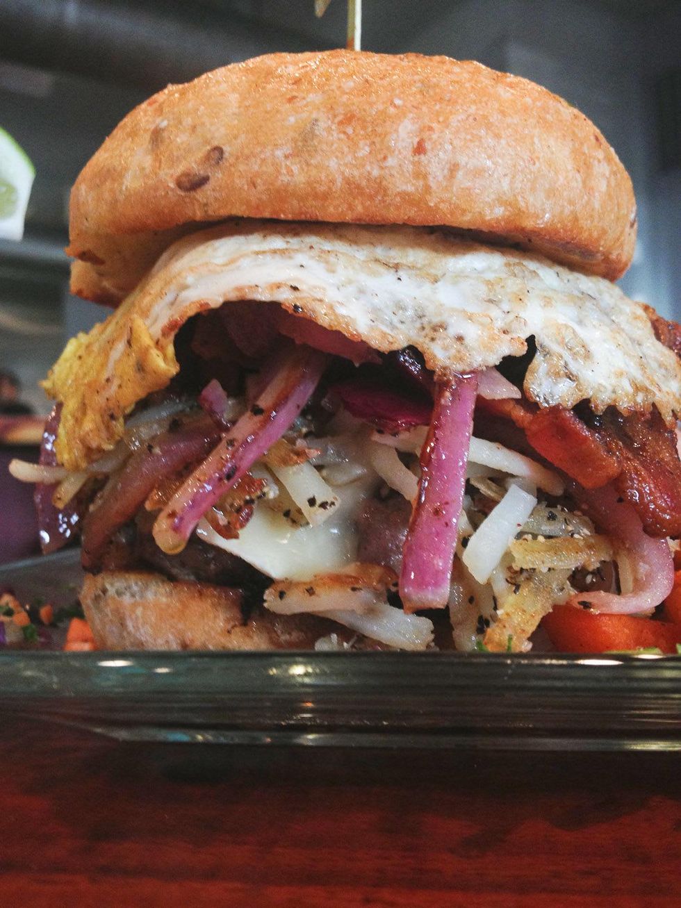 Chopping Block hamburger restaurant Houston June 2013 hamburger with egg