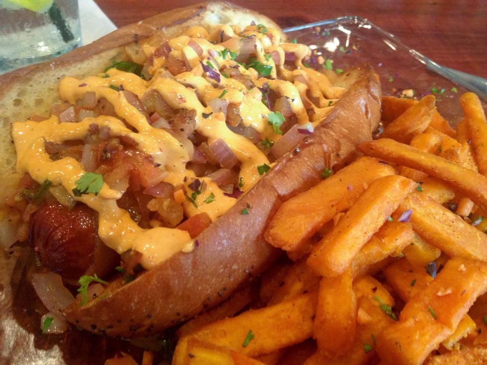 Chopping Block hamburger restaurant Houston June 2013 hot dog french fries