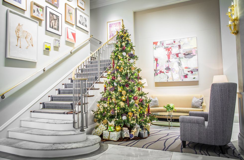 Christmas tree at the foot of the stairs in the Lancaster Hotel