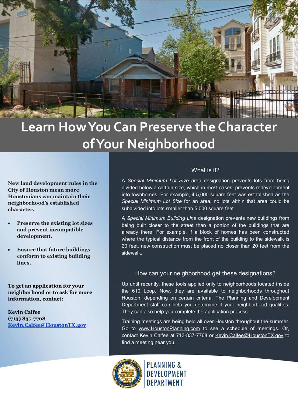 city of Houston flyer on special minimum lot size area designation Lindale Park Chapter 42