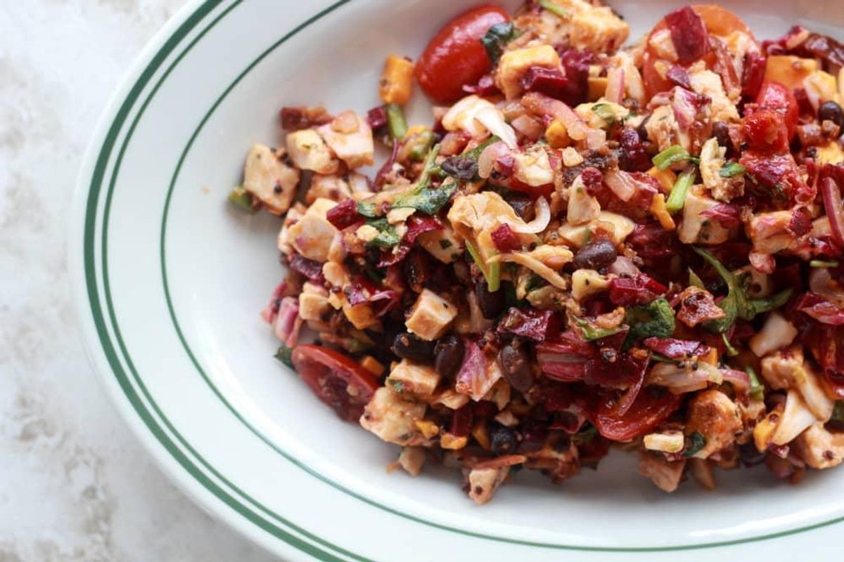 Red Russian salad with chicken, beets, radicchio, and more