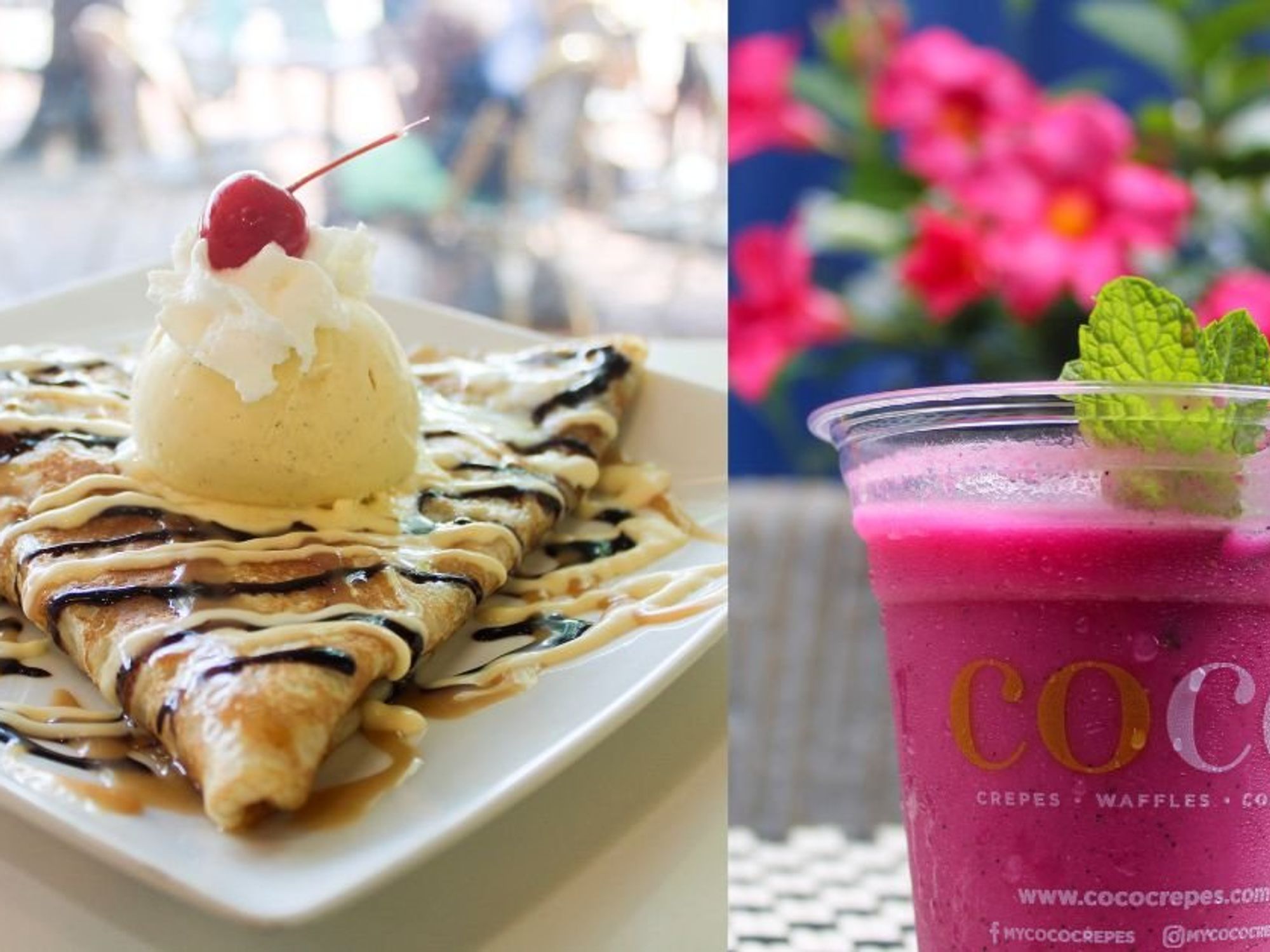 Coco Crepes & Coffee Banana Split Crepe and dragonfruit smoothie