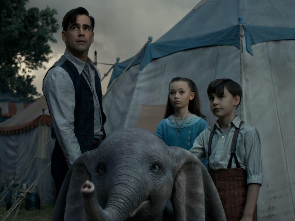 Colin Farrell, Dumbo, Nico Parker, and Finley Hobbins in Dumbo