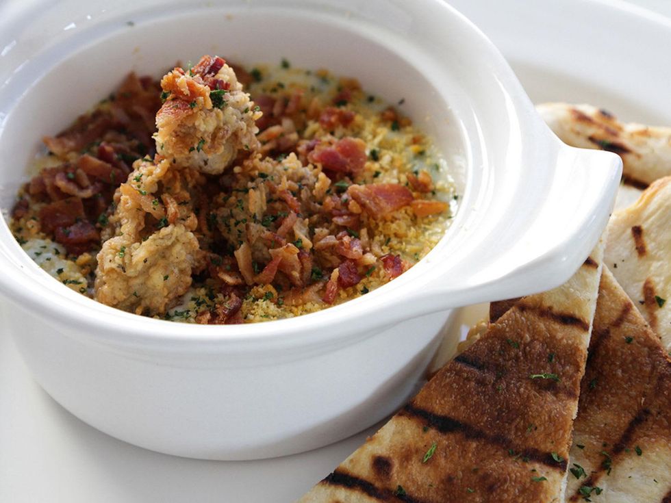 Cook & Collins Houston January 2014 oyster Rockefeller fondue with spinach, bacon, tobasco crumbs and flatbread