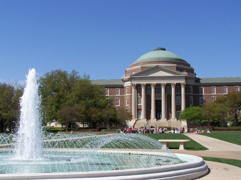 Dallas Hall from SMU campus with fountain