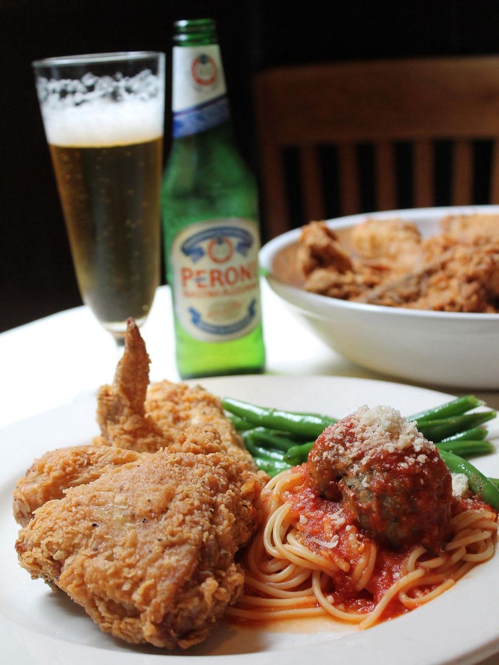 Damian's fried chicken with spaghetti and meatballs and green beans
