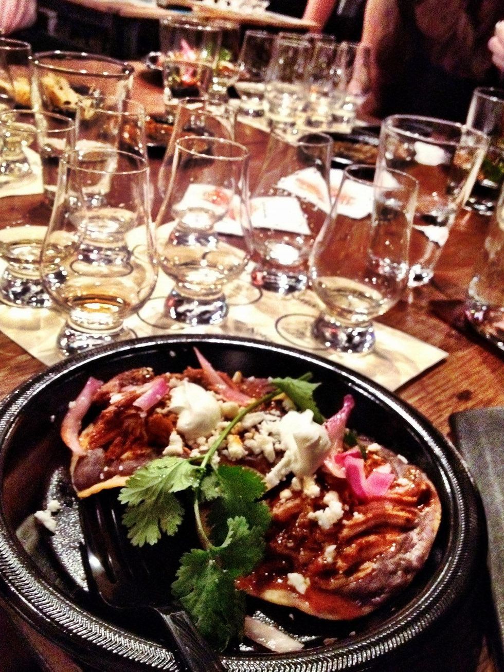 Darla, tequila, February 2013, Cochinita de pibil from Ninfa's on Navigation served alongside tequila samples