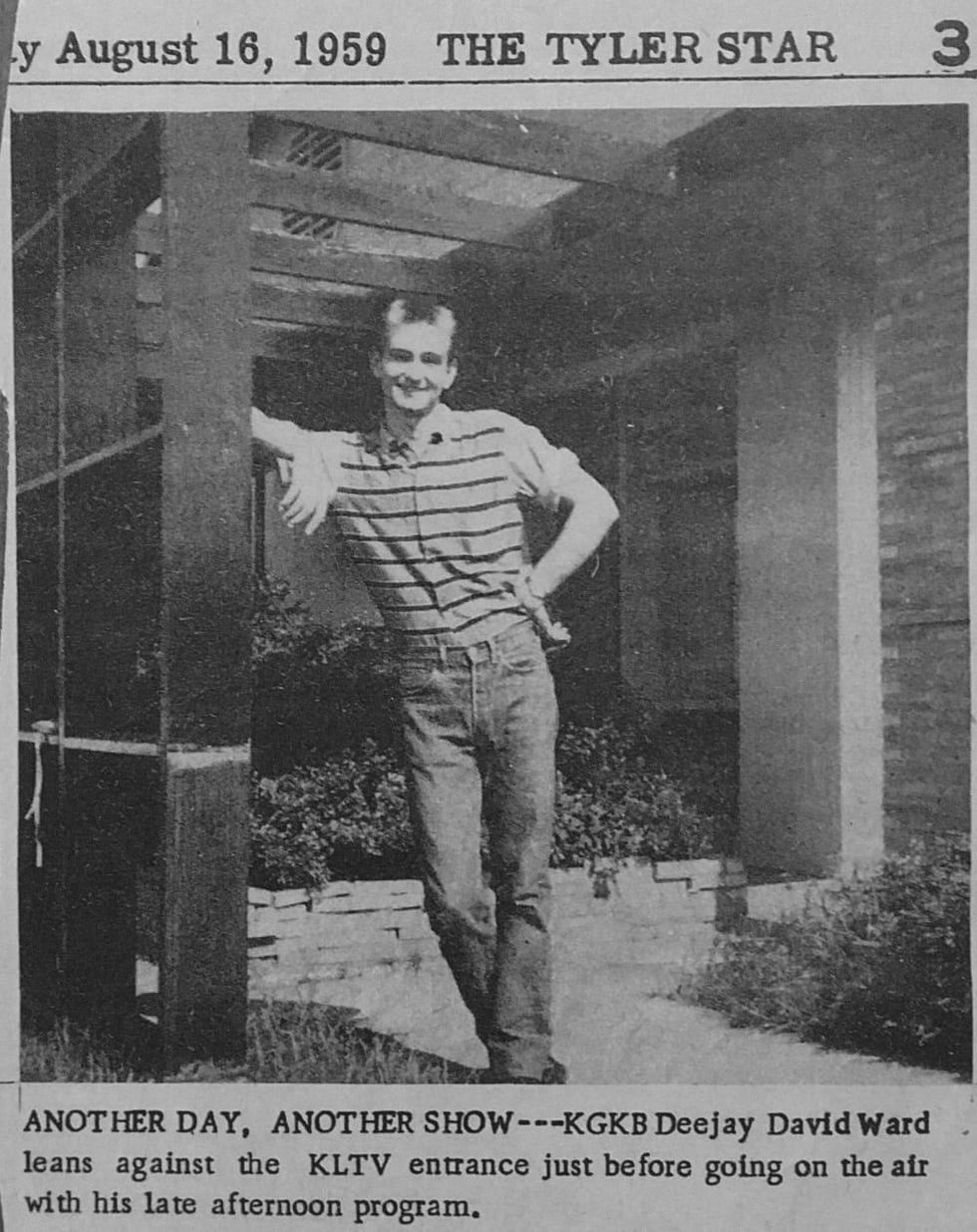 Dave Ward standing outside the KGKB studios in Tyler, Texas, in 1958