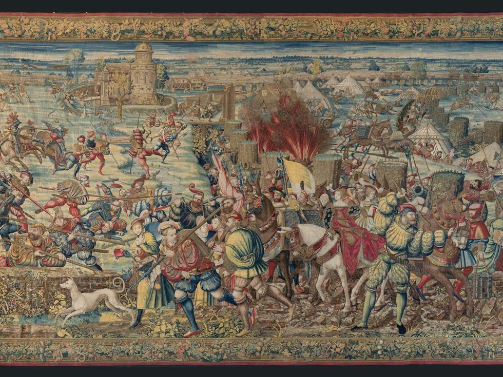 Designed by Bernard van Orley, woven by Willem and Jan Dermoyen, The Invasion of the French Camp and the Flight of the Ladies and Servants, c. 1528\u201331, wool, silk, gold, and silver thread, Museo e Real Bosco di Capodimonte, Naples.