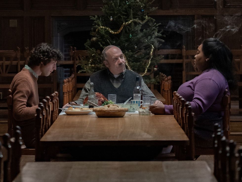 Dominic Sessa, Paul Giamatti, and Da\u2019Vine Joy Randolph in The Holdovers