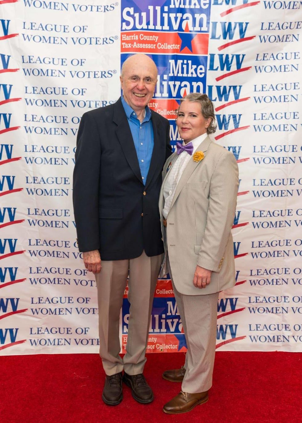 Don Kelley, first male member of the League of Women Voters in Texas and Aimee Mobley Turney, president of the League of Women Voters of the Houston Area