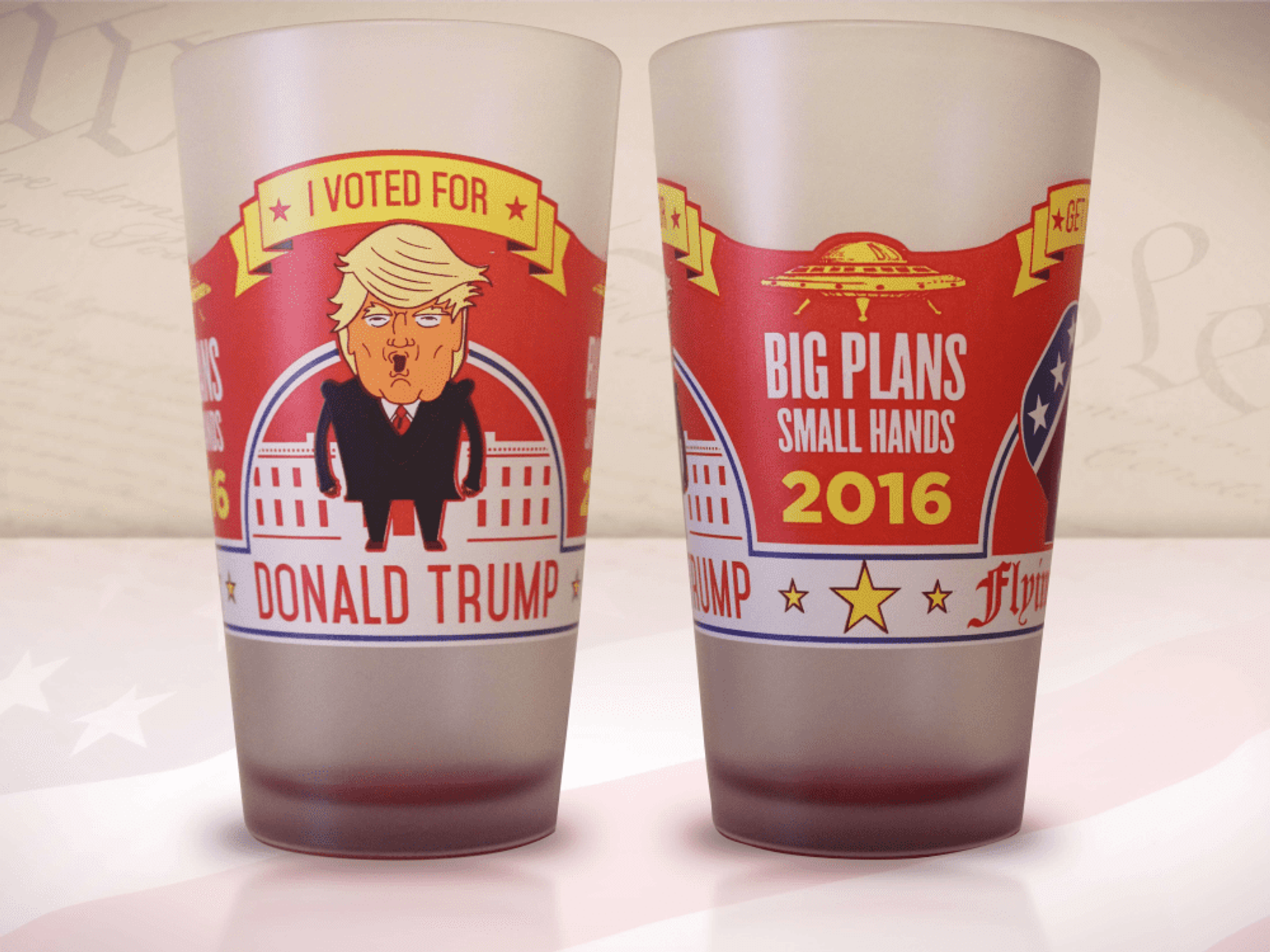 Donald Trump for president beer glasses available for the voting public.