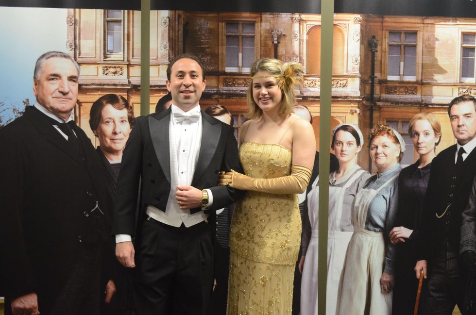 Downton Abbey fans, George Fotinos and his date, Stephanie Anderson, dress for the Manor of Speaking season finale
