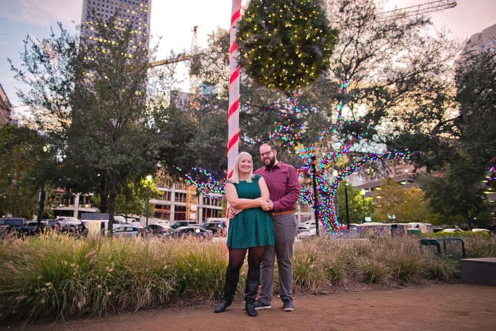 Downtown Houston candy cane couple