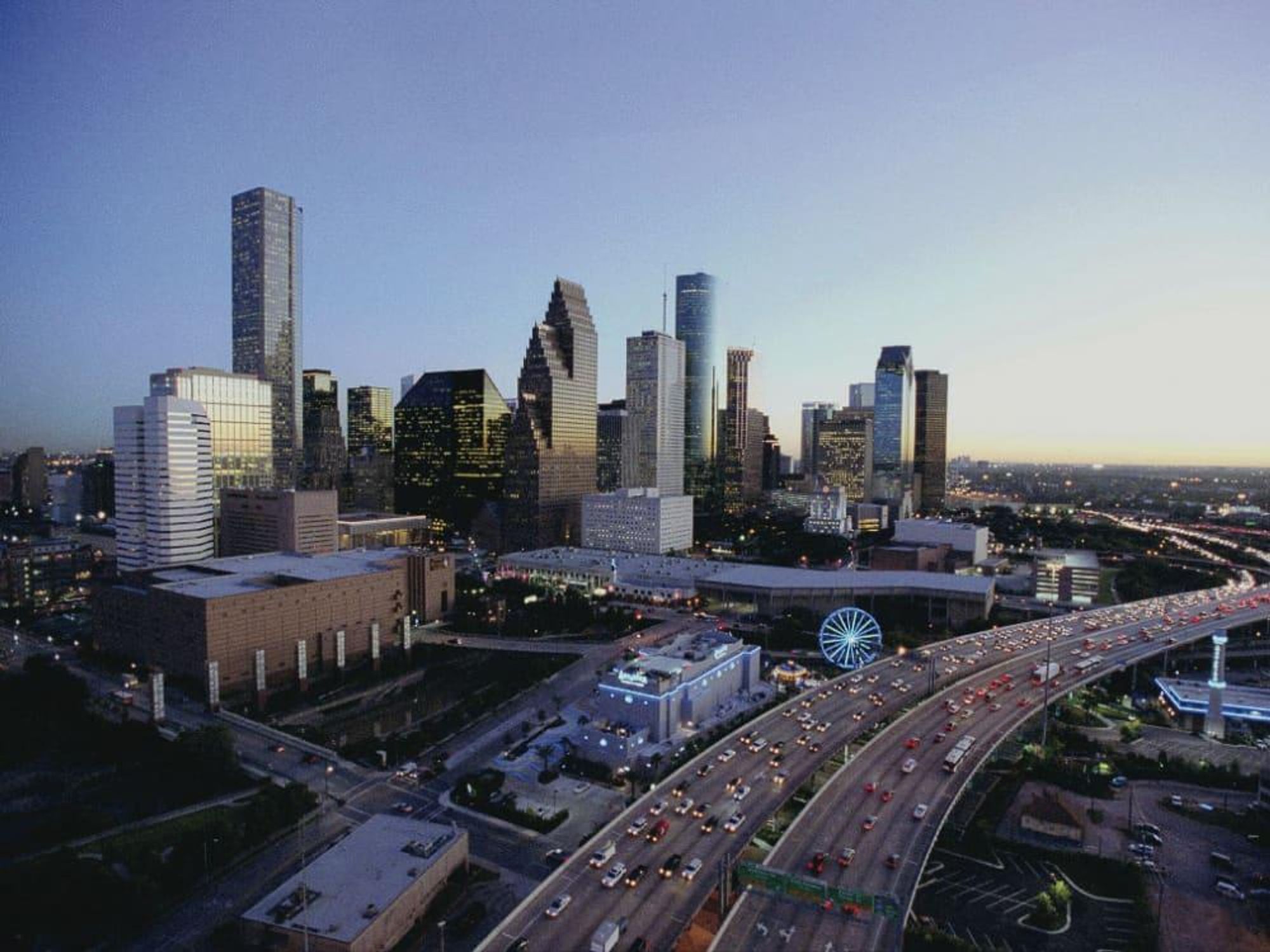 downtown Houston skyline at dusk