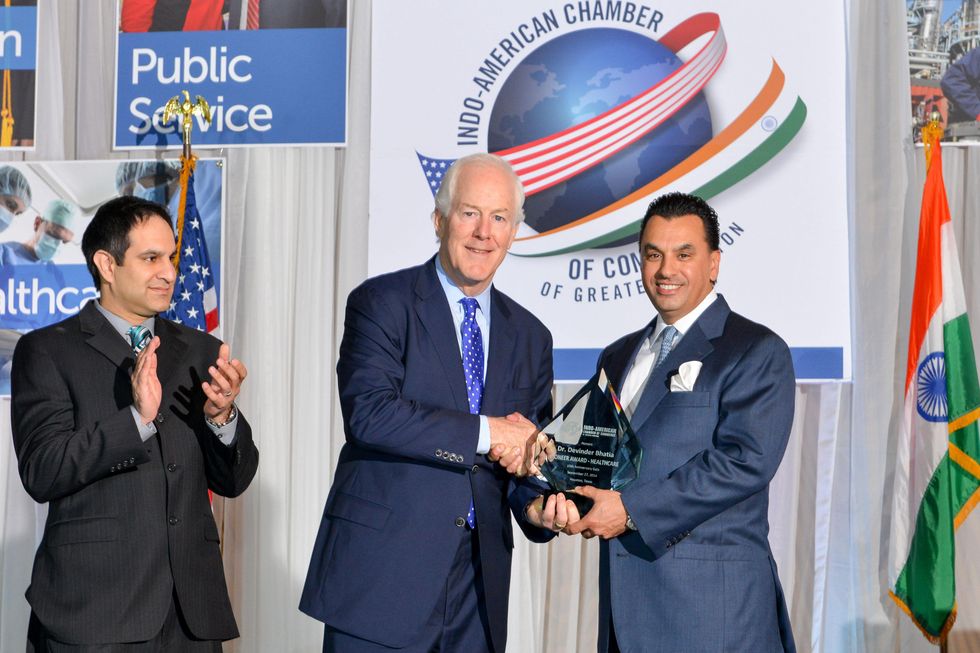 Dr. Neil Badlani, from left, John Cornyn and Dr. Devinder Bhatia at the IACCGH Gala October 2014