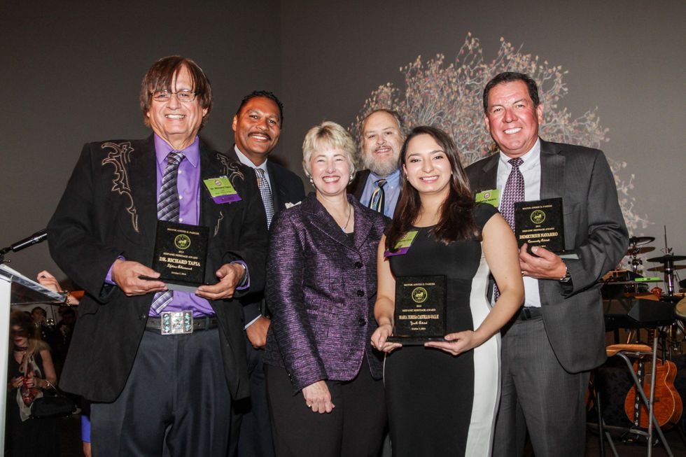 Dr. Richard Tapia, from left, Jose Antonio Diaz, Mayor Annise Parker, Michael Olivas, Maria Teresa Castillo-Valle and Demetrius Navarro at the Mayor's Hispanic Heritage Awards event October 2014