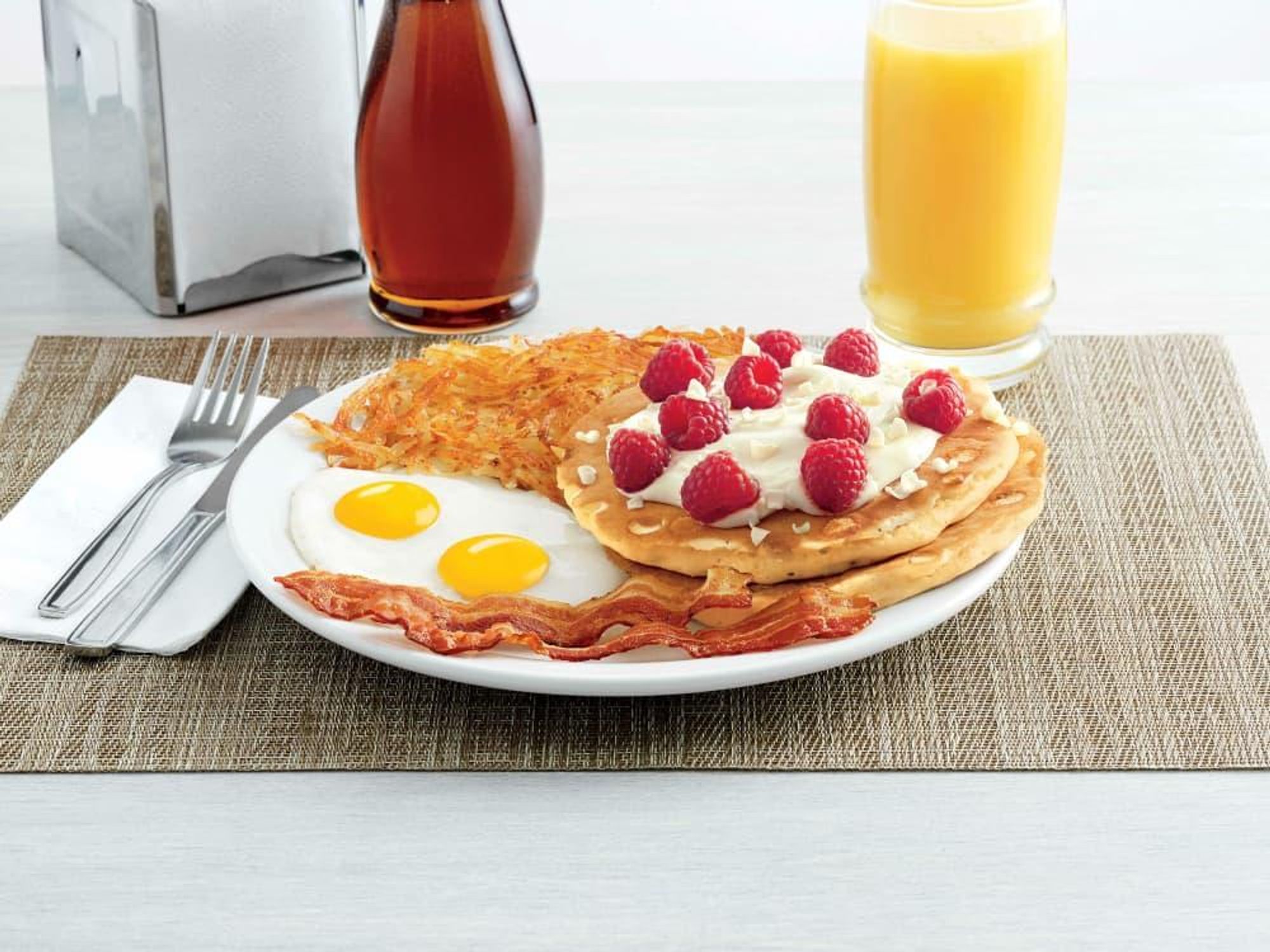 Drive-Thru Gourmet - Denny's white chocolate raspberry pancake breakfast