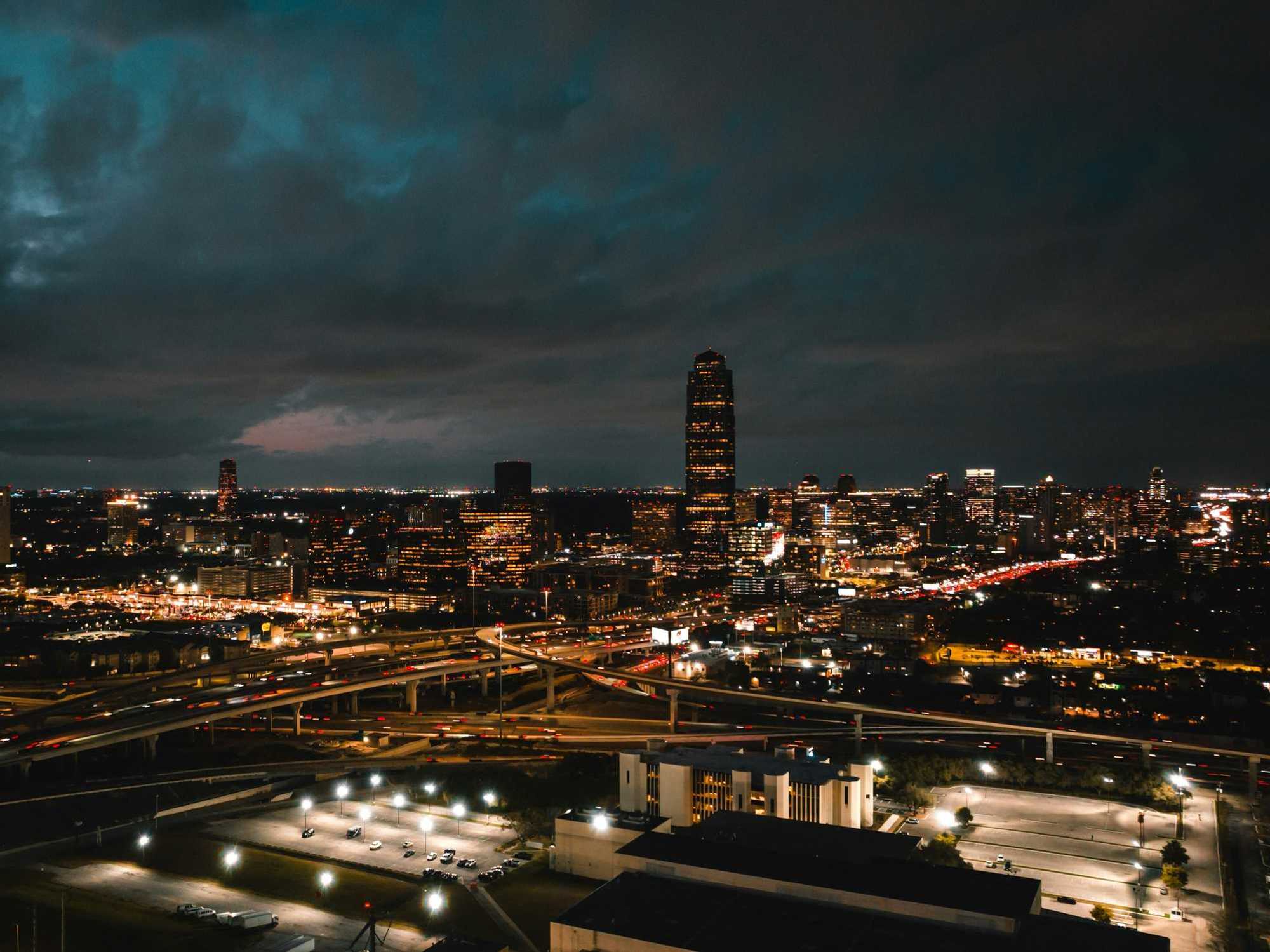 Drone shot of Houston at night