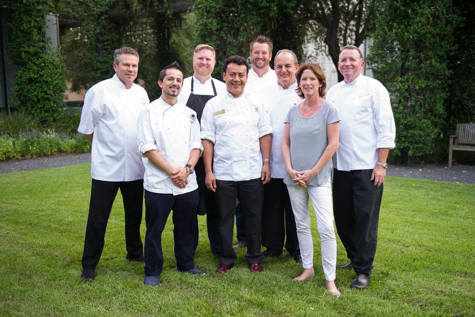 Efisio Farris, from left, Luigi ShiMaj, Randy Evans, Hugo Ortega, Kevin Bryant, Mike Puccio, Claire Smith and John Sheely at "The Beacon" dinner September 2014
