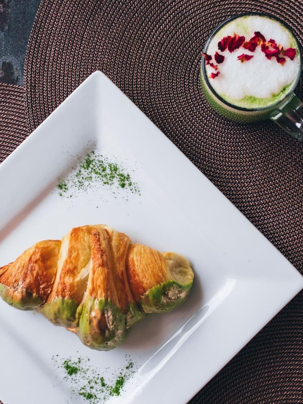 EggHaus croissant matcha tea