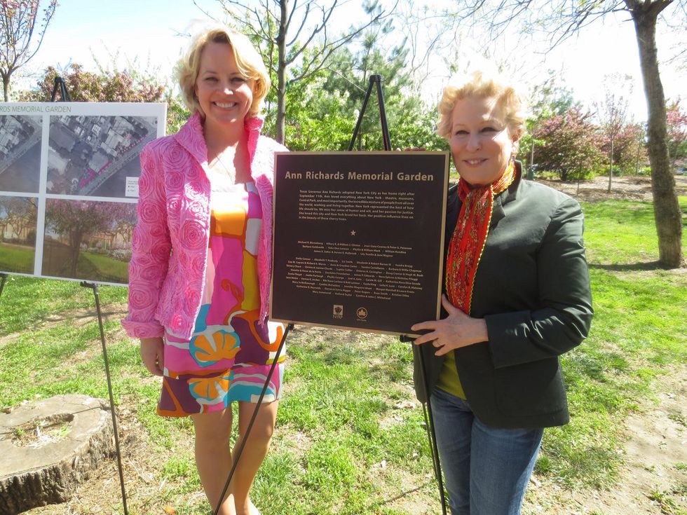 Emily Connor, left, and Bette Midler Ann Richards Memorial Garden in New York May 2014