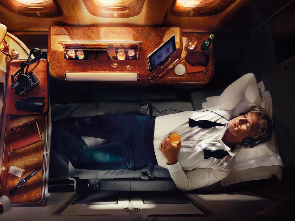 Emirates A380 in Houston December 2014 First Class Suite 1 leather pants