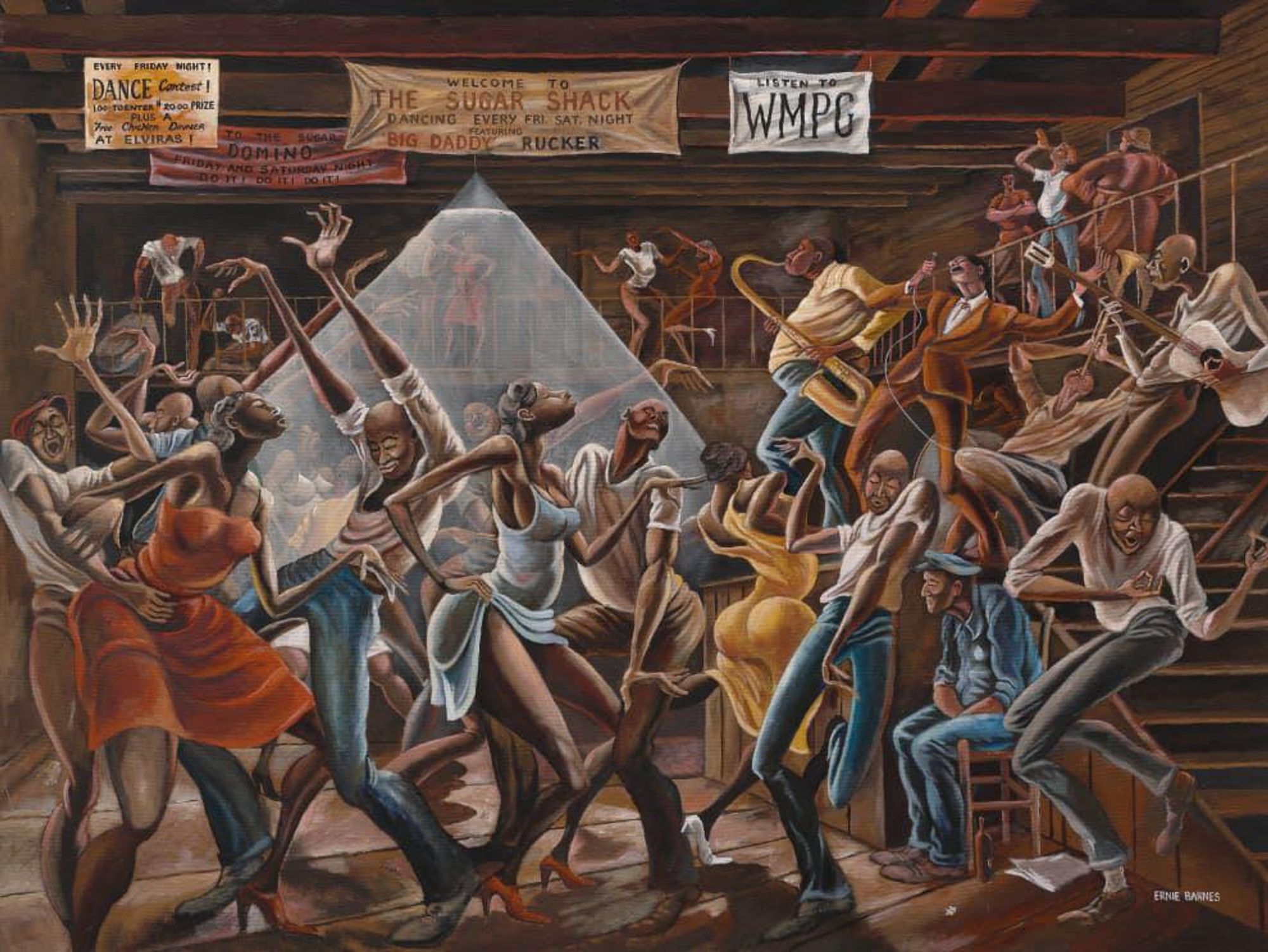 Ernie Barnes, The Sugar Shack, 1976, acrylic on canvas, Collection of William O. Perkins III and Lara Perkins.