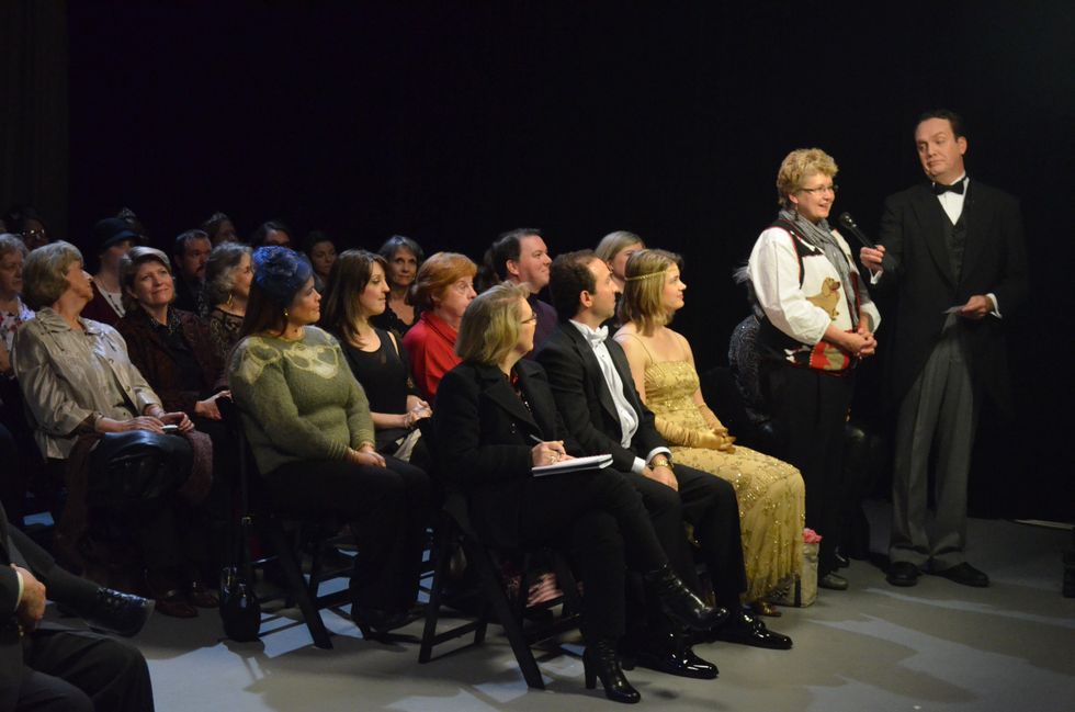 Ernie Manouse speaks to an audience member during a taping of Manor of Speaking following Downton Abbey season finale