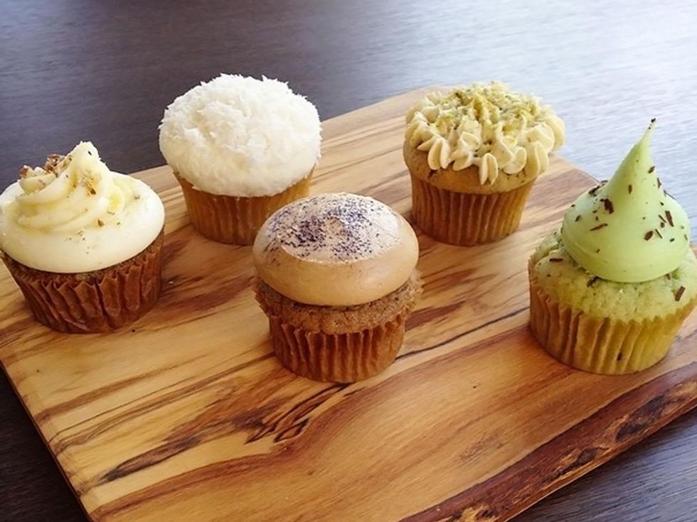 fall and winter cupcakes are HERE! From left to right- Hummingbird, Coconut, Espresso Truffle, Pistachio, & Mint Chocolate Chip at Tout Suite October 2014