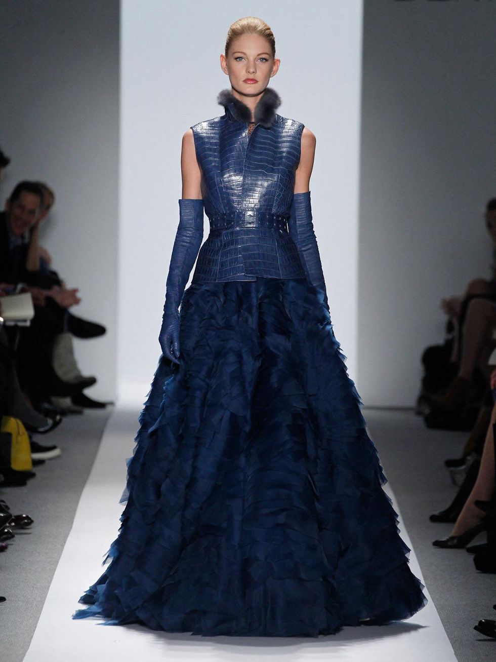 Fashion Week fall 2013, Dennis Basso, February 2013, blue gown with cropped vest