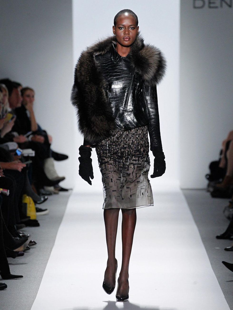 Fashion Week fall 2013, Dennis Basso, February 2013, leather and fur short coat