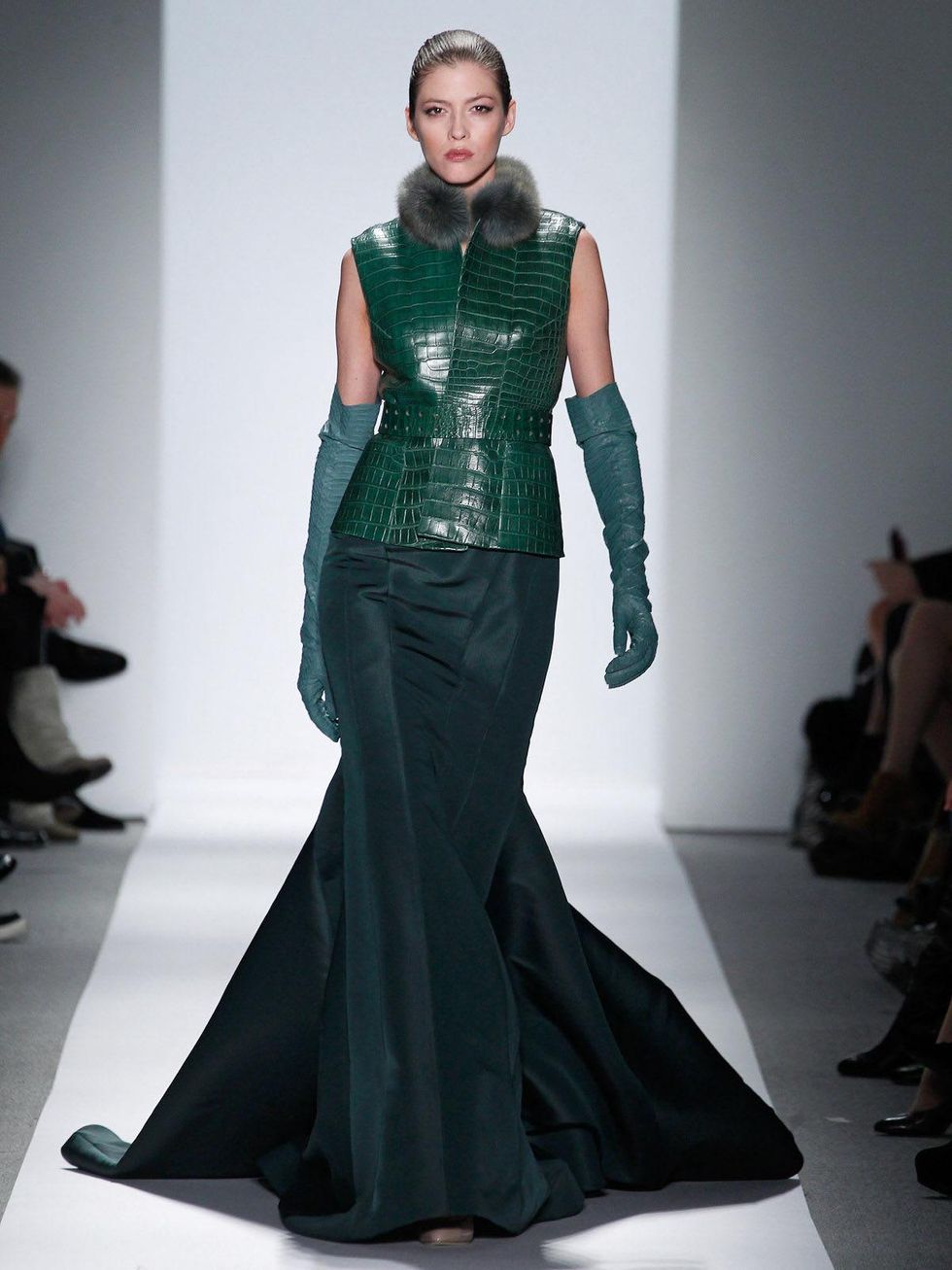 Fashion Week fall 2013, Dennis Basso, February 2013, leather vest with green gown