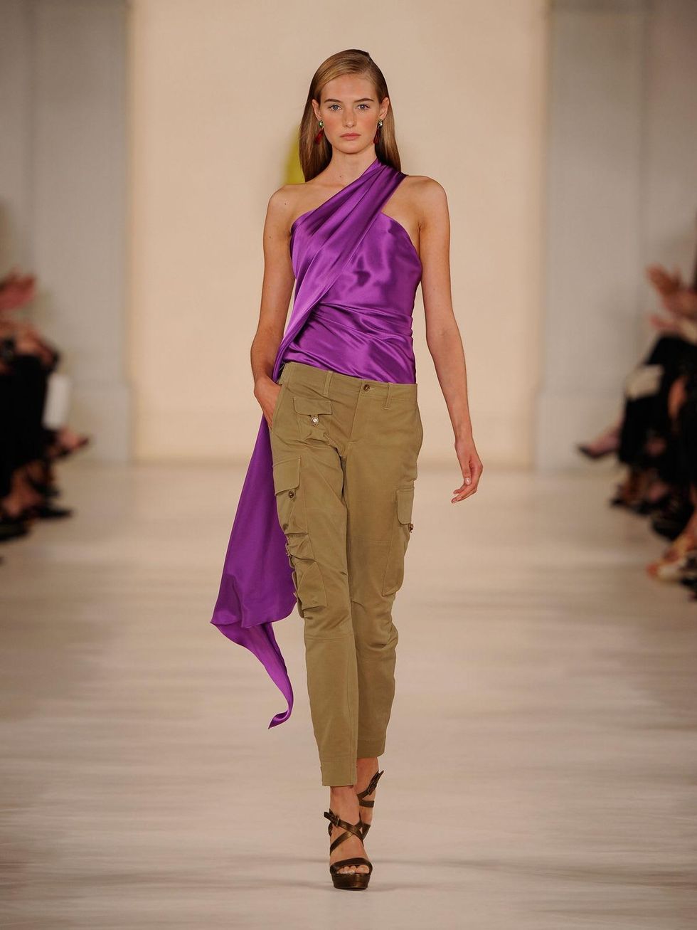 Fashion Week spring 2015 Ralph Lauren September 2014 pants with purple one-shoulder