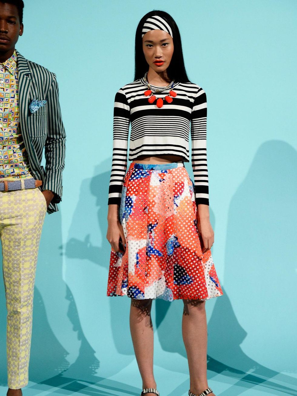 Fashion Week spring 2015 Trina Turk print skirt with stripe crop top