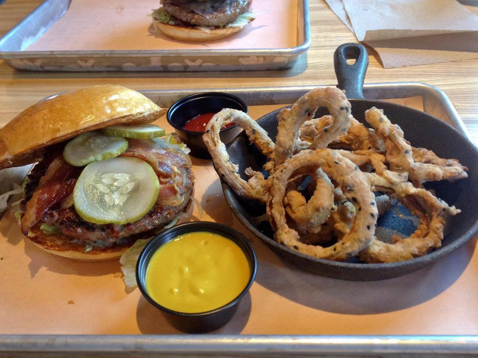 Fielding's Wood Grill in The Woodlands October 2013 hamburger burger with onion rings