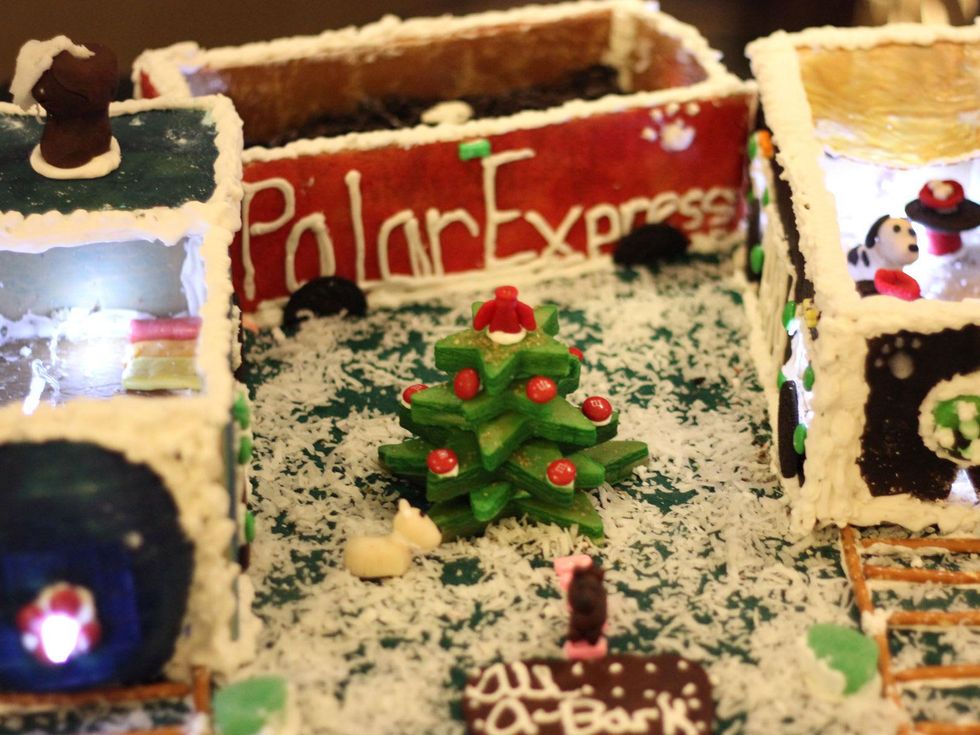 fifth-grader Grace DeLaune's gingerbread doghouse at the Lucky Dog Gingerbread Doghouse event December 2013