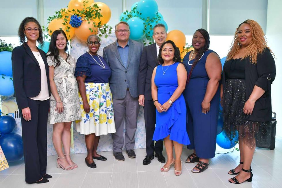 Finalists Ruth Giles, Mimi Munoz, Gerjuan O\u2019Neal, Leticia Sifuentes, Lynell Dillard, and Melanie Jenkins with Space Center Houston CEO and president William Harris, and Space Center Houston VP of education Daniel Newmyer