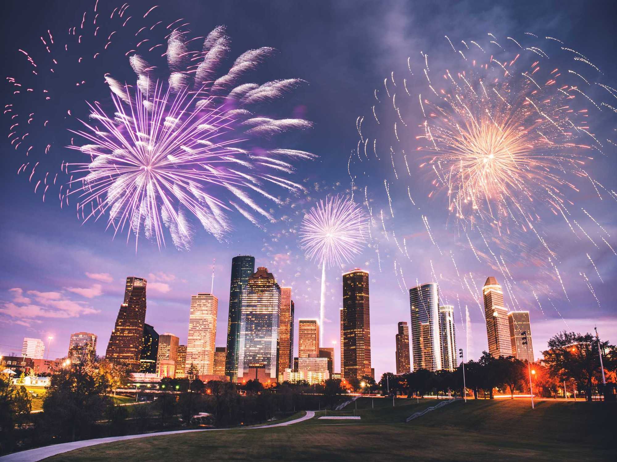 fireworks in houston with the skyline